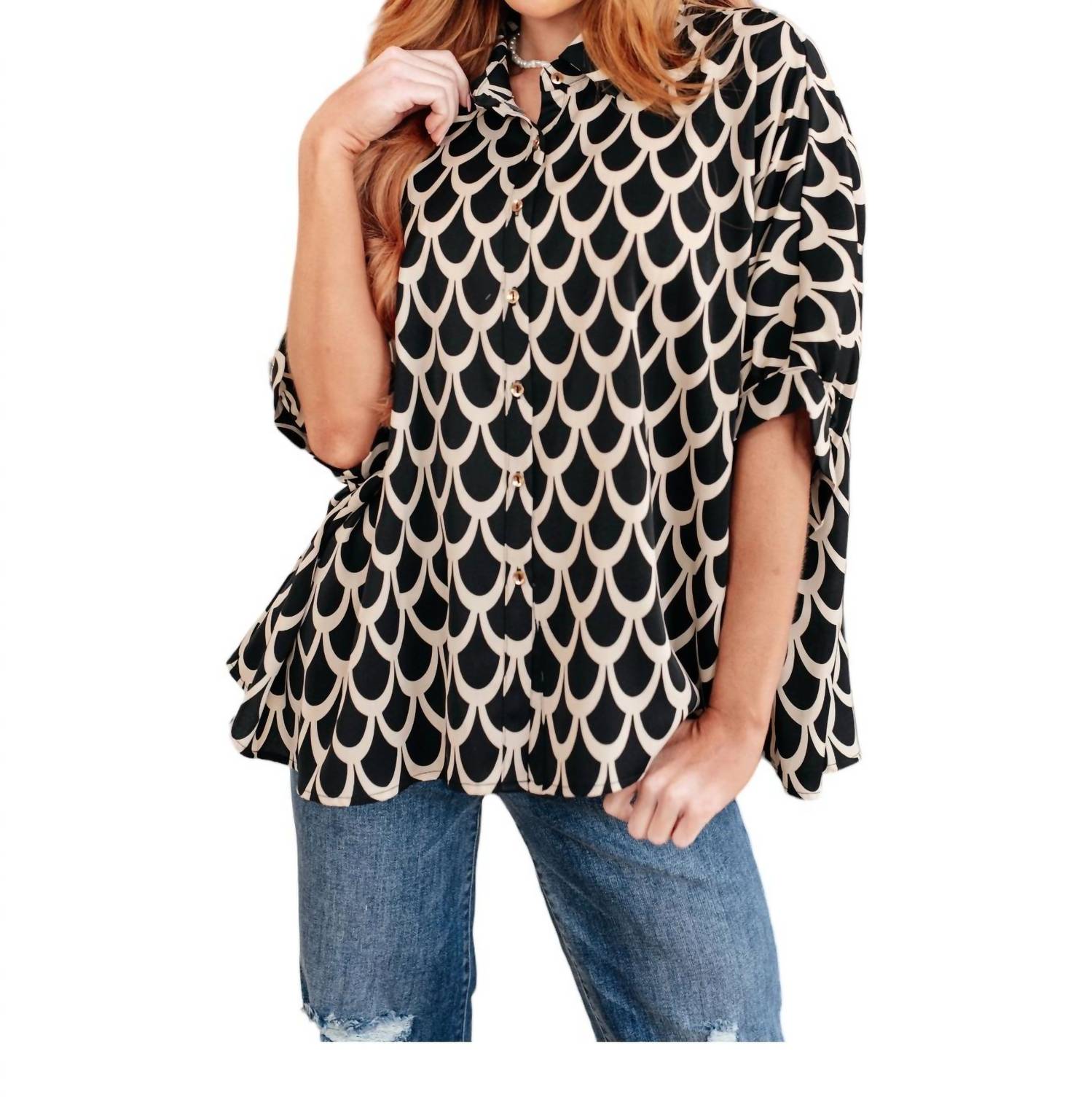 Art-Deco-Knopf Bluse in schwarz