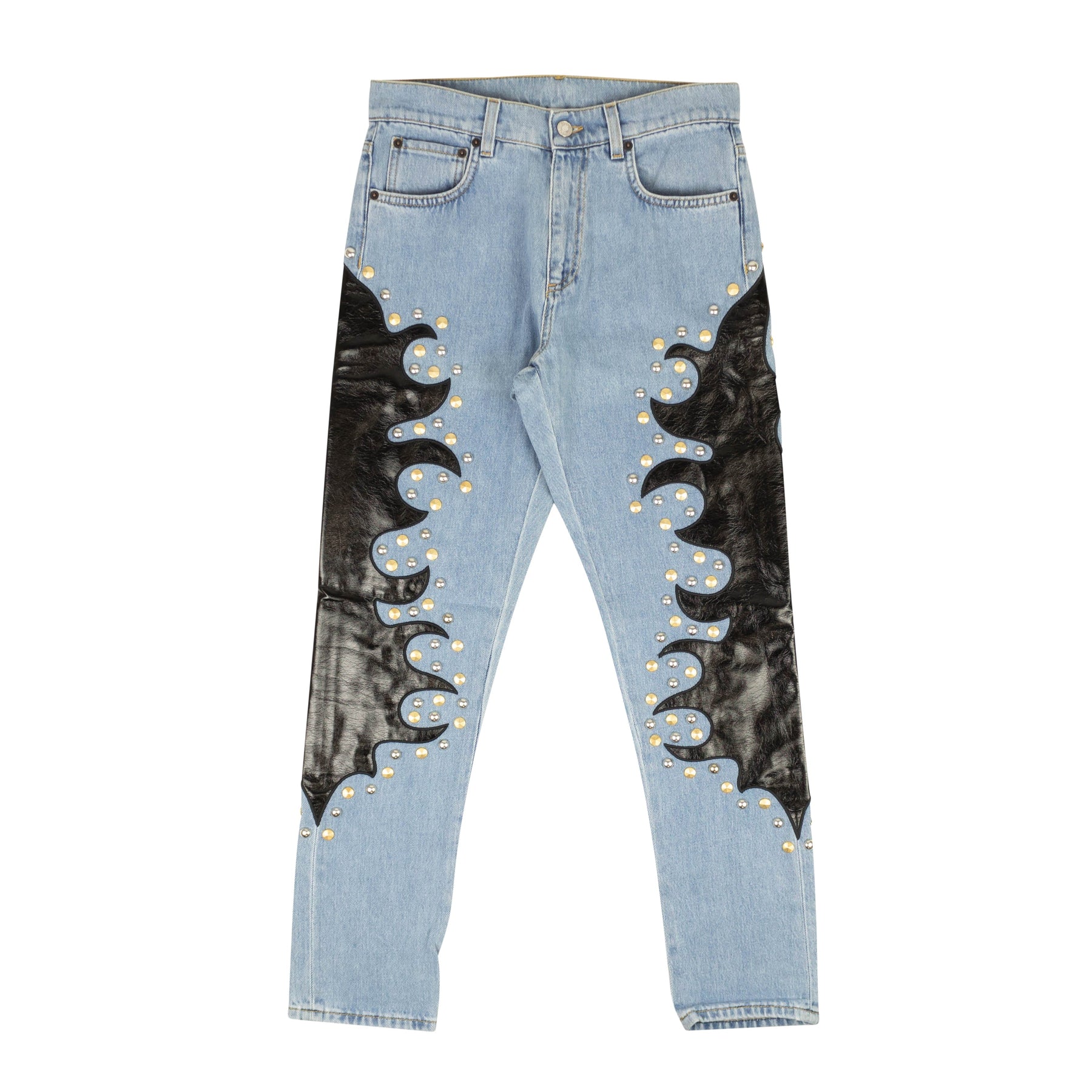 Moschino Couture Jeans mit Flammendetail aus Leder – Blau