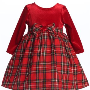 Mädchen rote Stretch Samt Plaid Muster Schleifendetail Anlass Kleid 2T-10