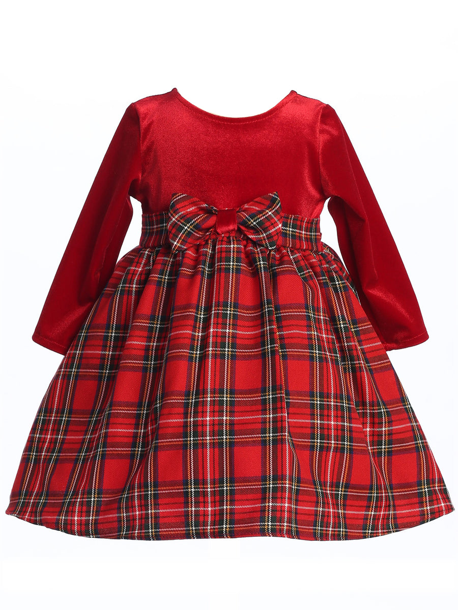 Mädchen Rot Stretch Samt kariert Muster Bogen Anlass Kleid 2T-10