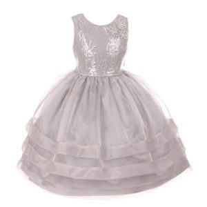 RainKids kleine Mädchen Silber Pailletten Spitze Organza überlagert Blumenmädchen Kleid 2-6