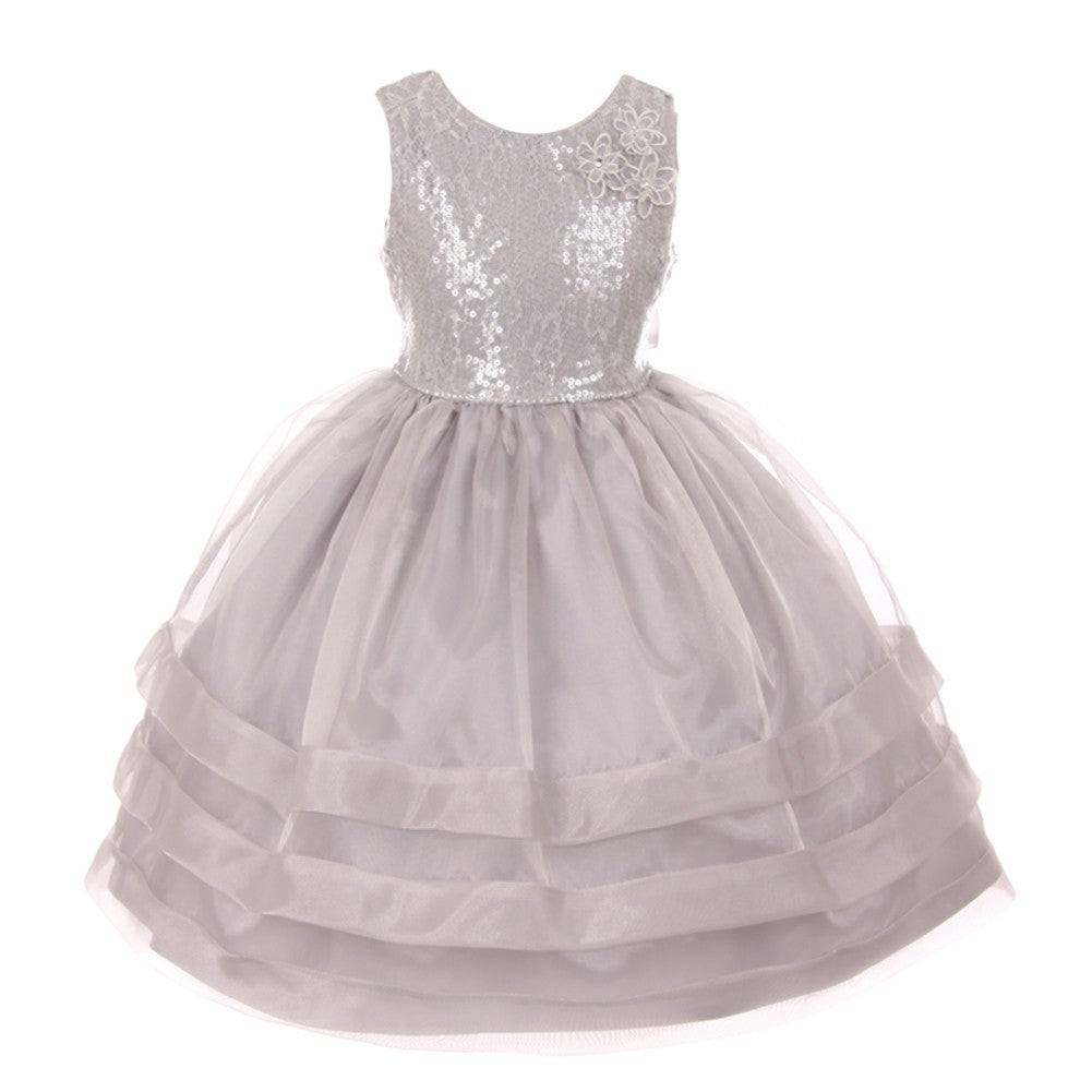 RainKids kleine Mädchen Silber Pailletten Spitze Organza überlagert Blumenmädchen Kleid 2-6