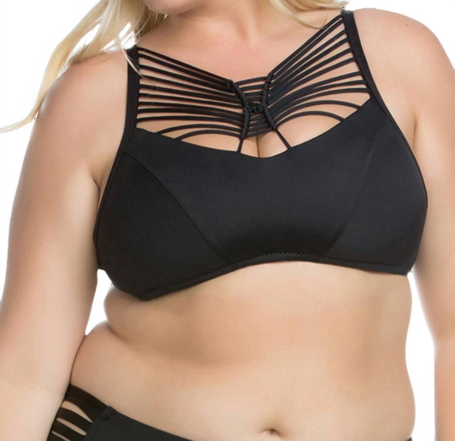 Elektrische Strom Macrame hochgeschlossen Halter Bikini Top – Plus in schwarz