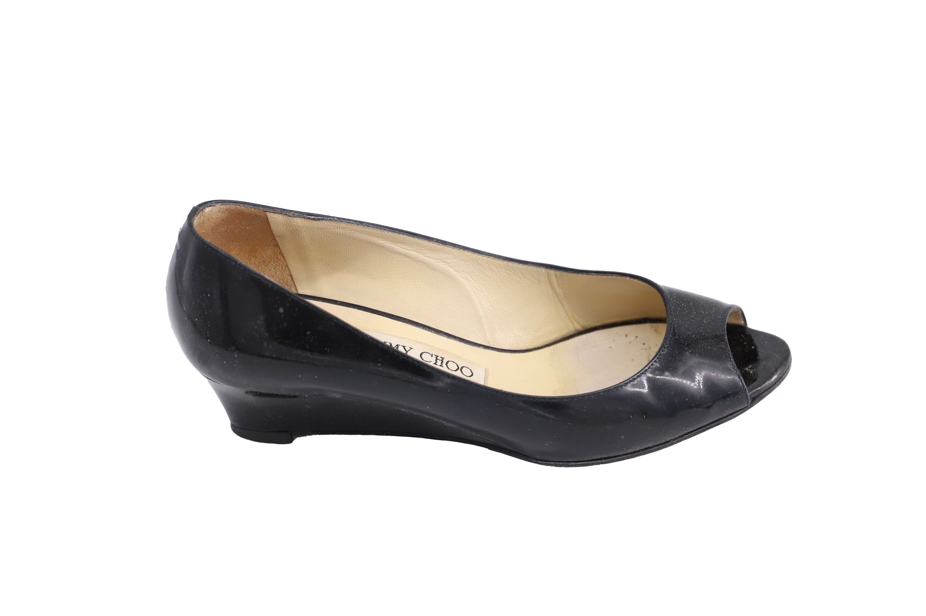 Jimmy Choo 'Baxen' Peep-Toe Keile aus schwarzem Lackleder