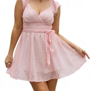 Kurzarm Spitze gewebt Kleid in rosa 7766566404156