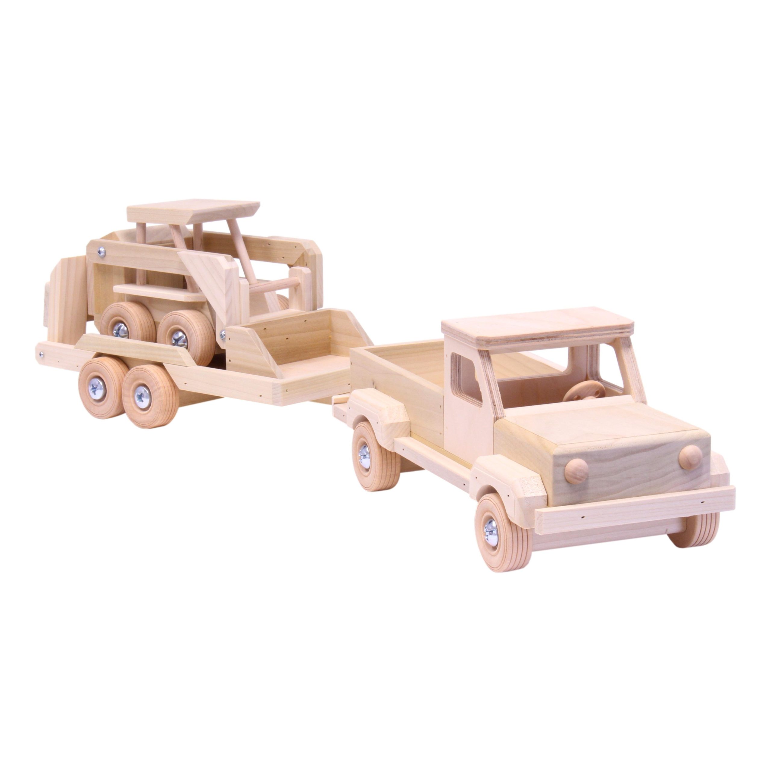 Holzspielzeug Pickup Truck und Pritschenanhänger mit Skidloader Set
