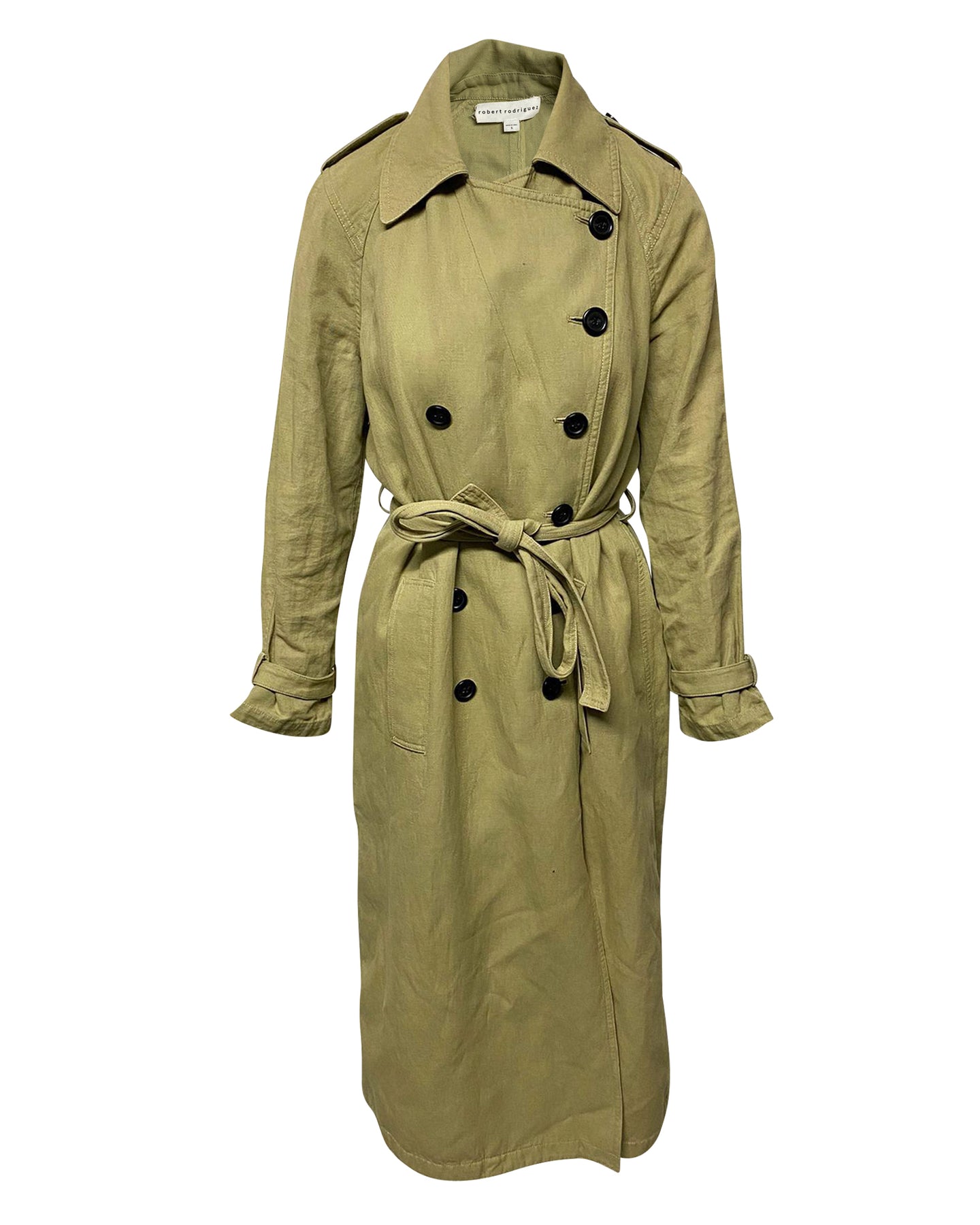 Robert Rodriguez Zweireihiger Trenchcoat mit Schärpe aus brauner Baumwolle