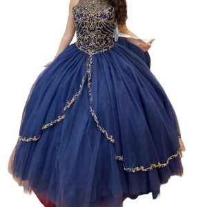 ärmelloses quinceañera Kleid aus Marine/Gold 7766606381116