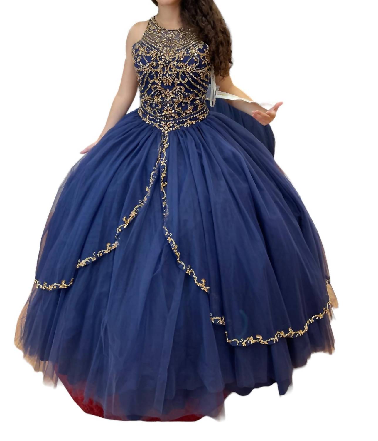 Ärmelloses Quinceañera Kleid in Marine/Gold