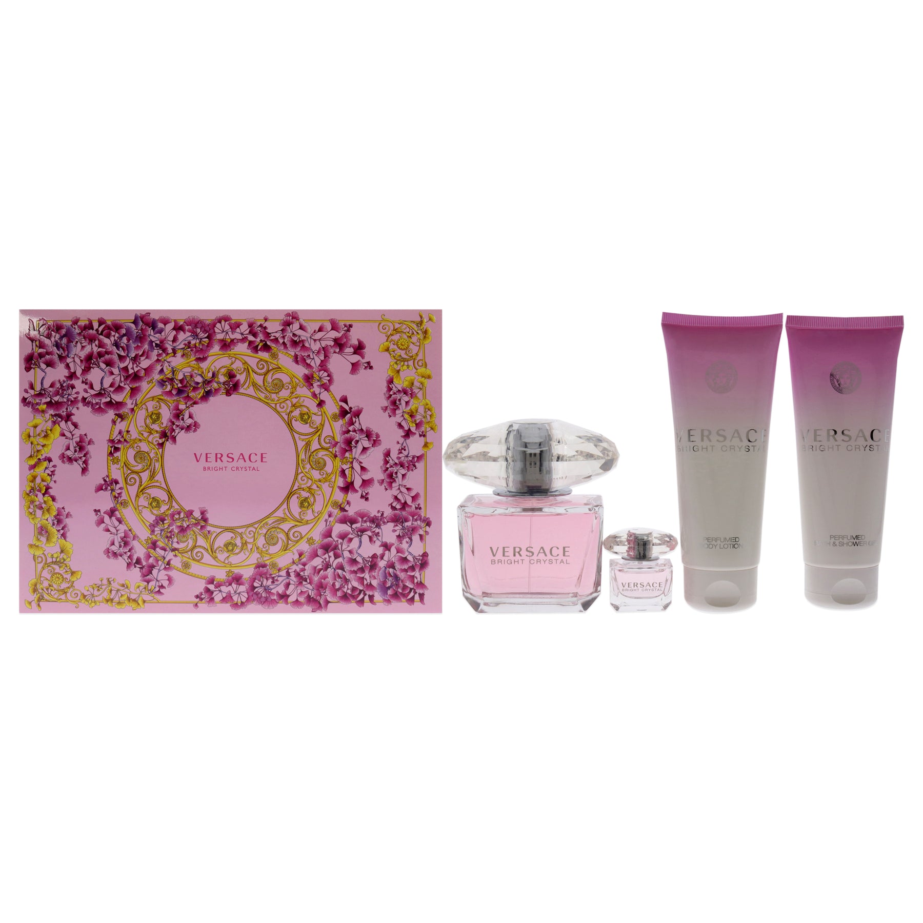 Versace Bright Crystal von Versace for Women – 4 Pc Gift Set 3oz Eau de Toilette Spray, 3.4oz parfümierte Körperlotion, 3.4oz parfümiertes Bad und Duschgel, 5ml EDT Splash Mini