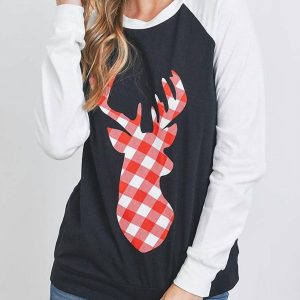 Deer Plaid Raglan Top in schwarz 7766603333692