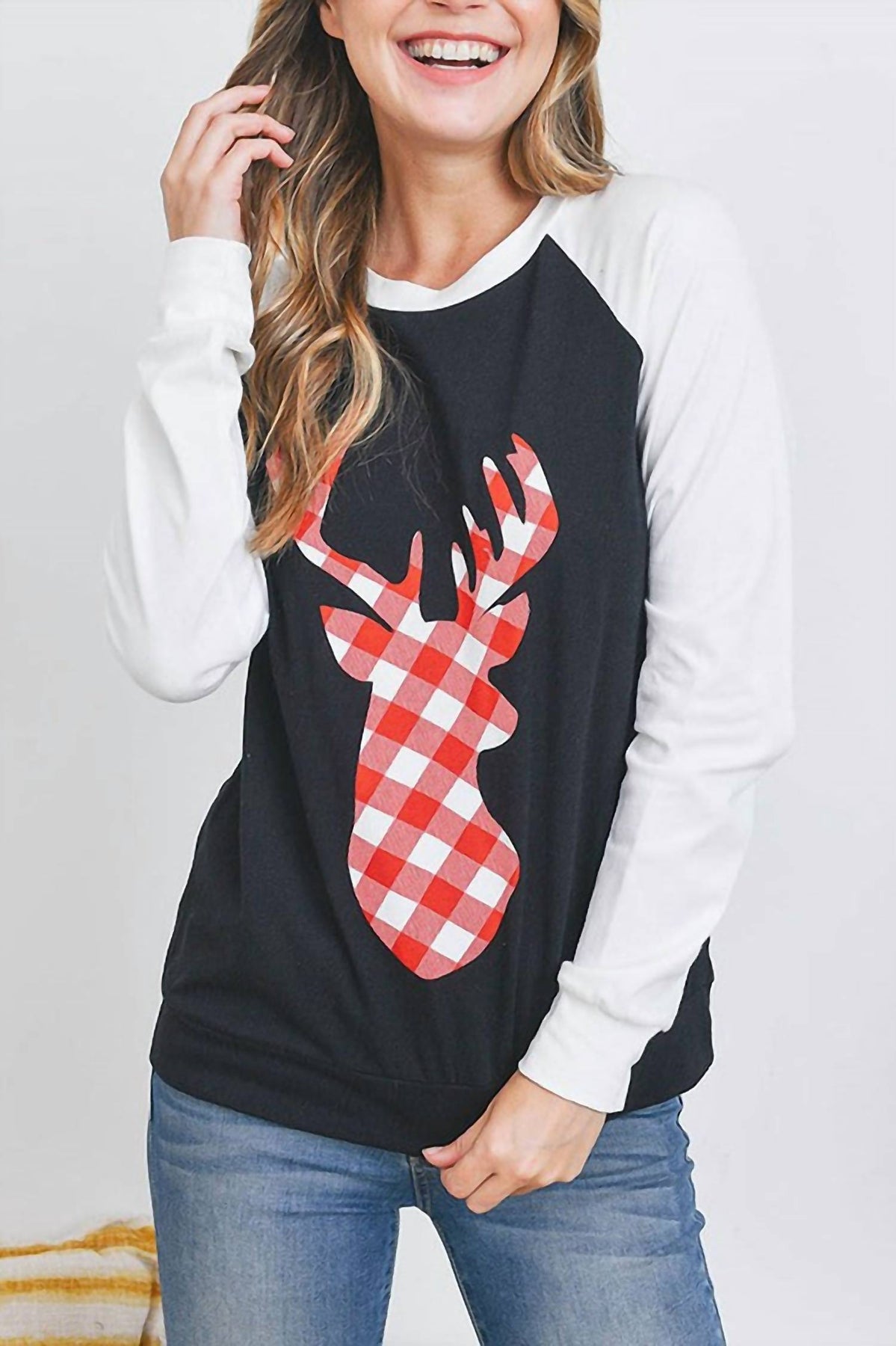 Deer kariert Raglan Top in Schwarz