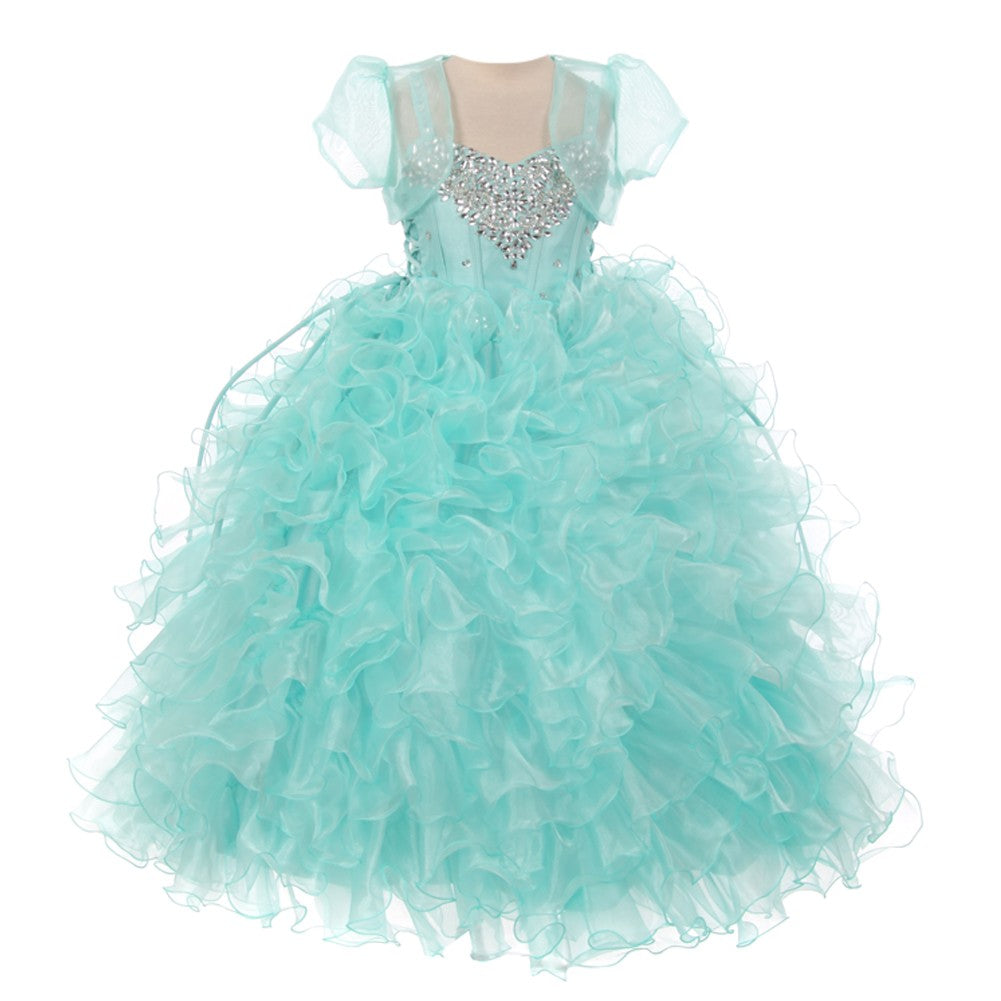 Kleine Mädchen Aqua Herzform Perlen Organza Jacke Festzug Kleid 4-6
