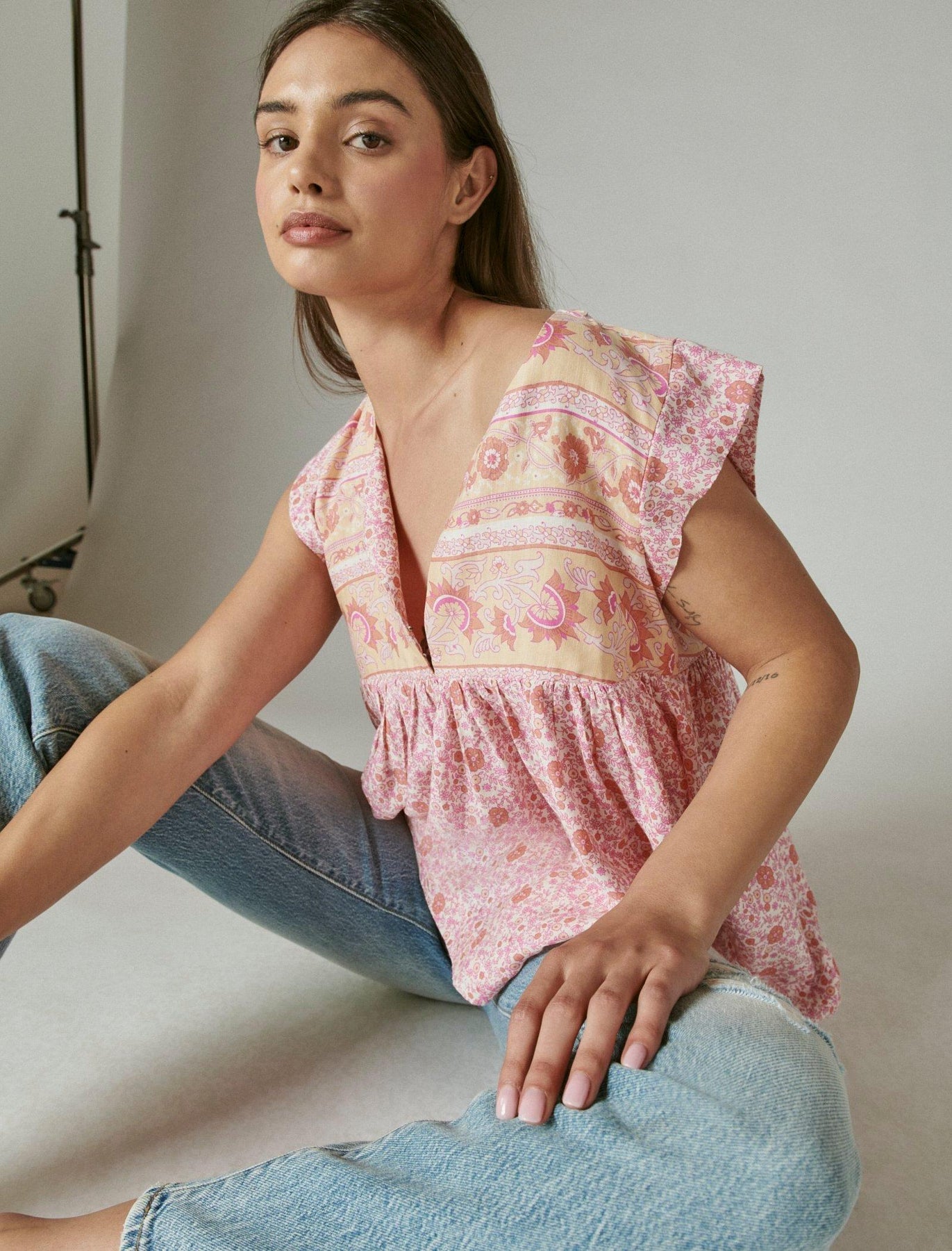 Lucky Brand Damen bedruckte Flutter Ärmel Top