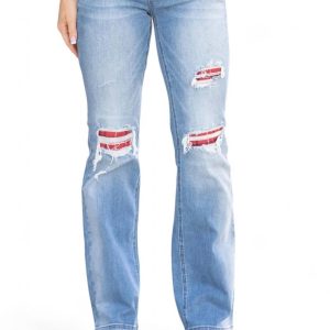 Plaid Patch Detail bootcut jean in mittelblau 7766645145660