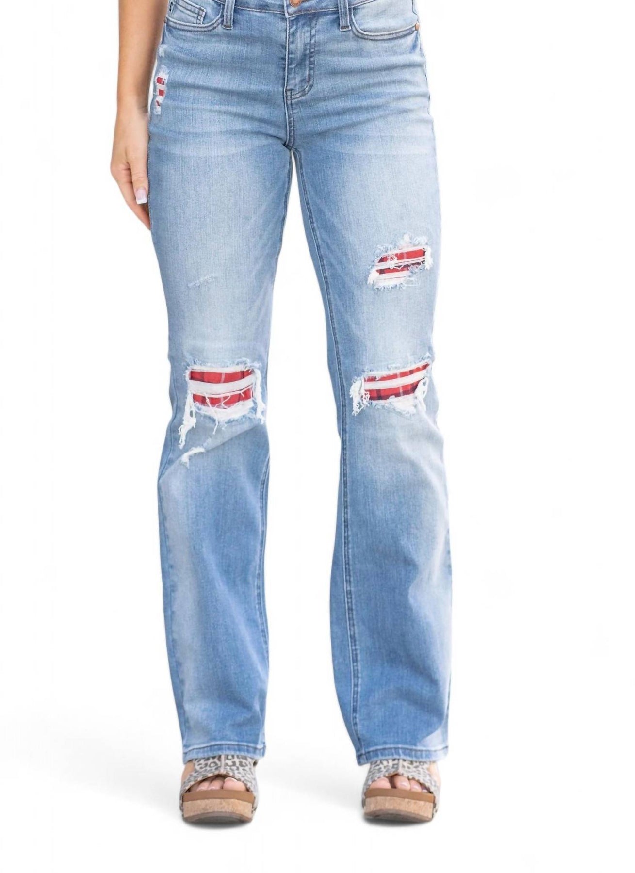 Karierter Aufnäher Detail Bootcut Jean In mittel Blau
