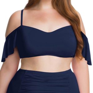 Flounce aus der Schulter Rüschen Bikini Top – Plus Indigo
