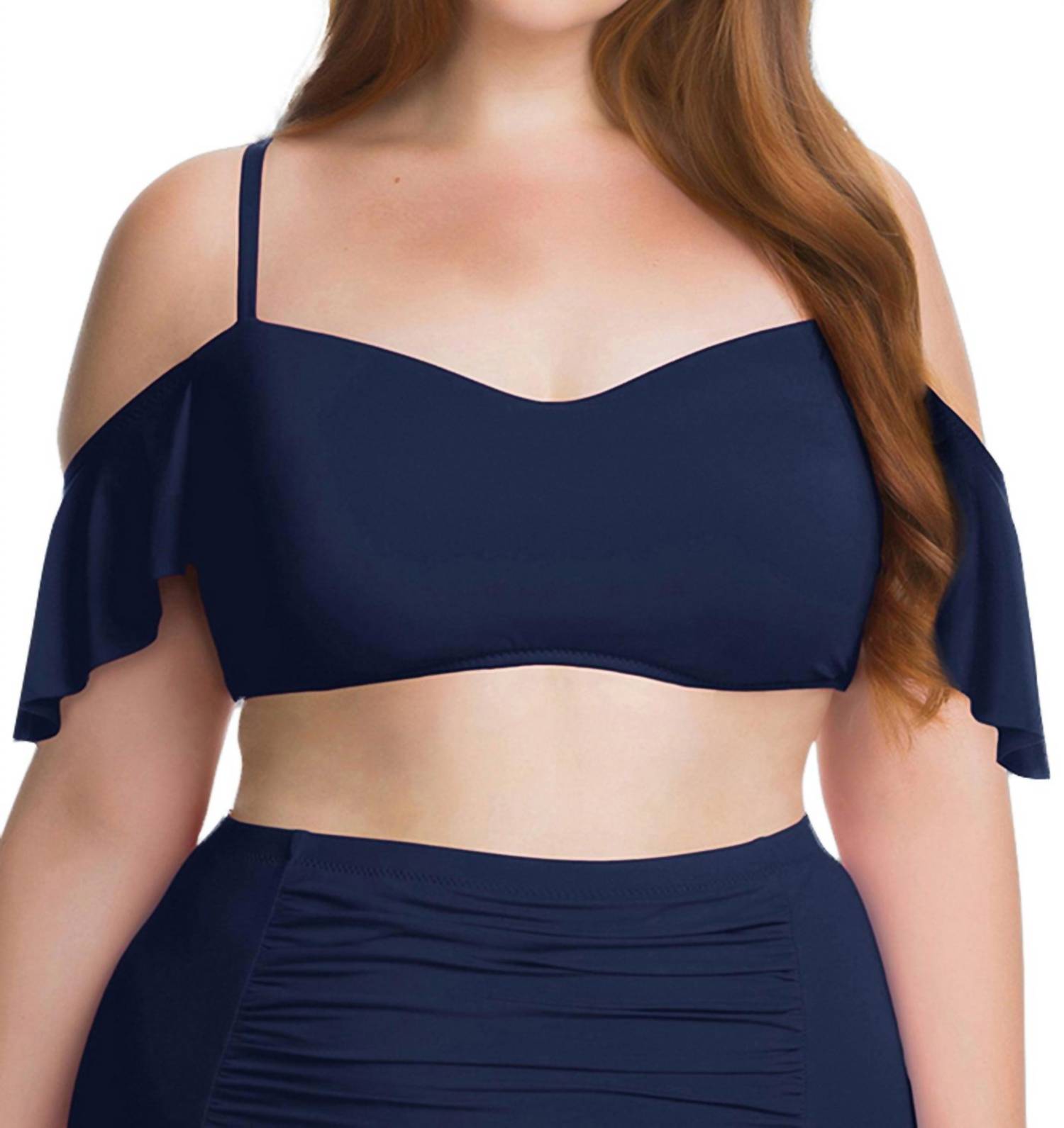 Flounce aus der Schulter Rüschen Bikini Top – Plus Indigo