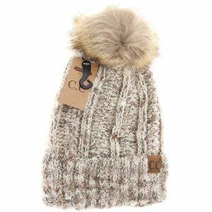 Damen Fuzzy gefüttert Popcorn Konfetti Pelz Pom Mütze in beige multi