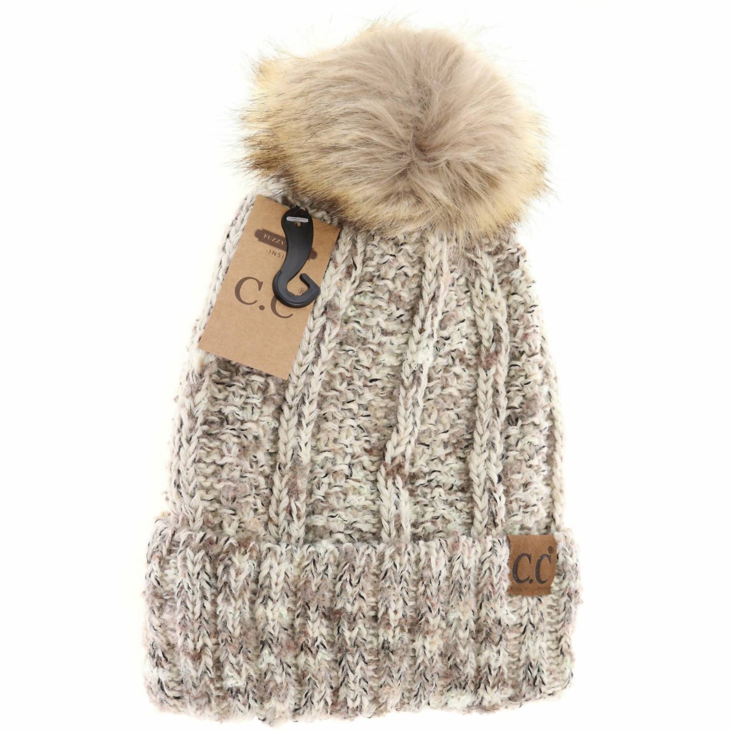 Damen Fuzzy Lined Popcorn Konfetti Pelz Pom Mütze in Beige Mehrfarbig