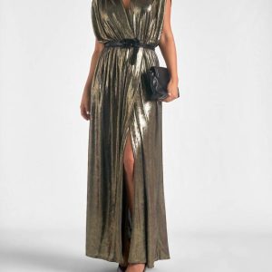 hohe rutsch ärmelloses Maxikleid in Gold