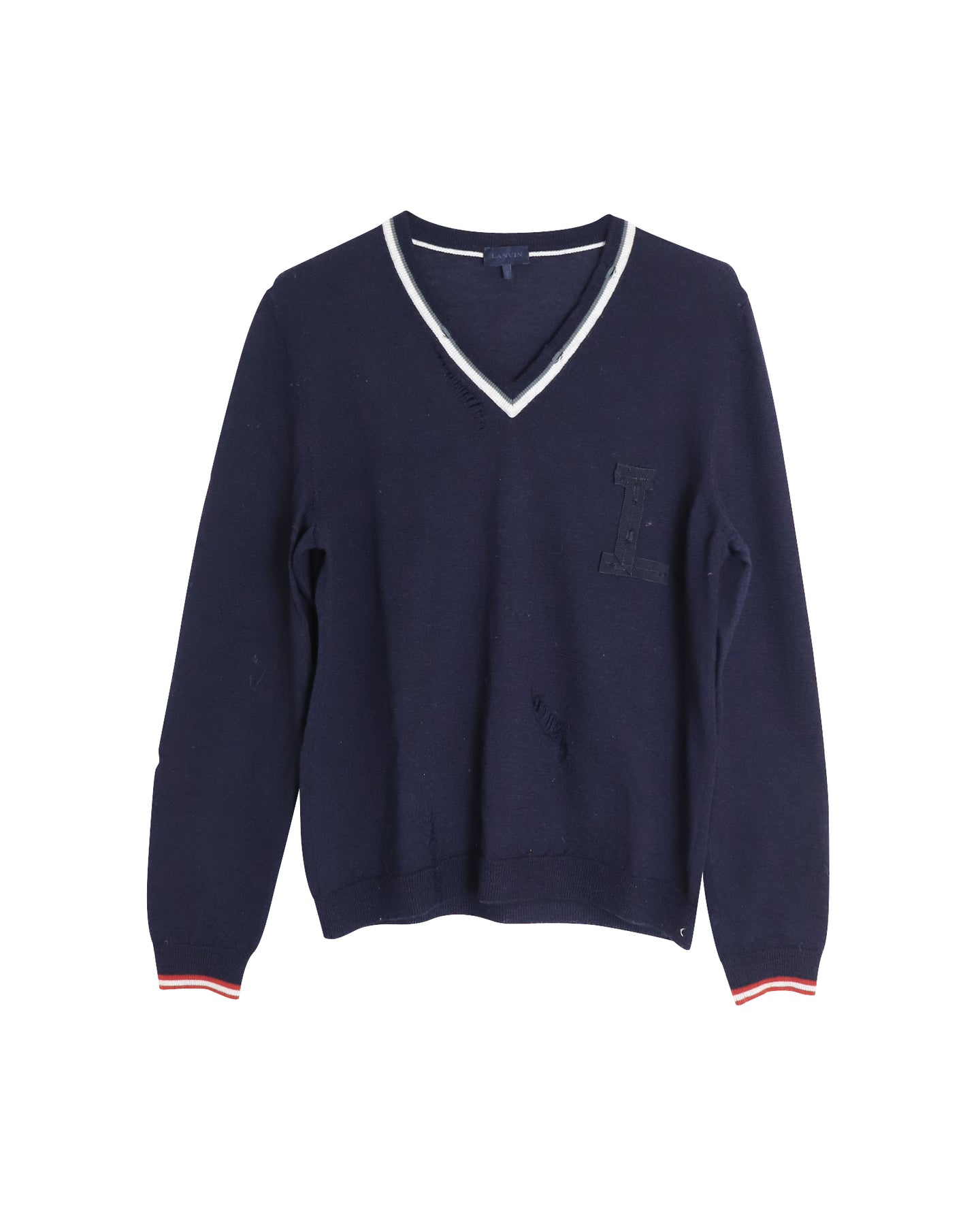 Lanvin Distressed Detail Ausschnitt Pullover in Marineblau Wolle