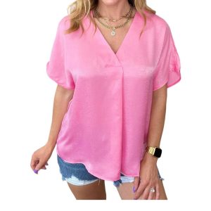 Pleat Front V-Ausschnitt Top in rosa Kosmos 7766639870012