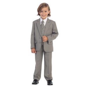 Hellgraue Juwelen- und Herrenjacke, Weste, Hemd, Krawatte, Hose, 5-teiliger Anzug für kleine Jungen, 2T-7