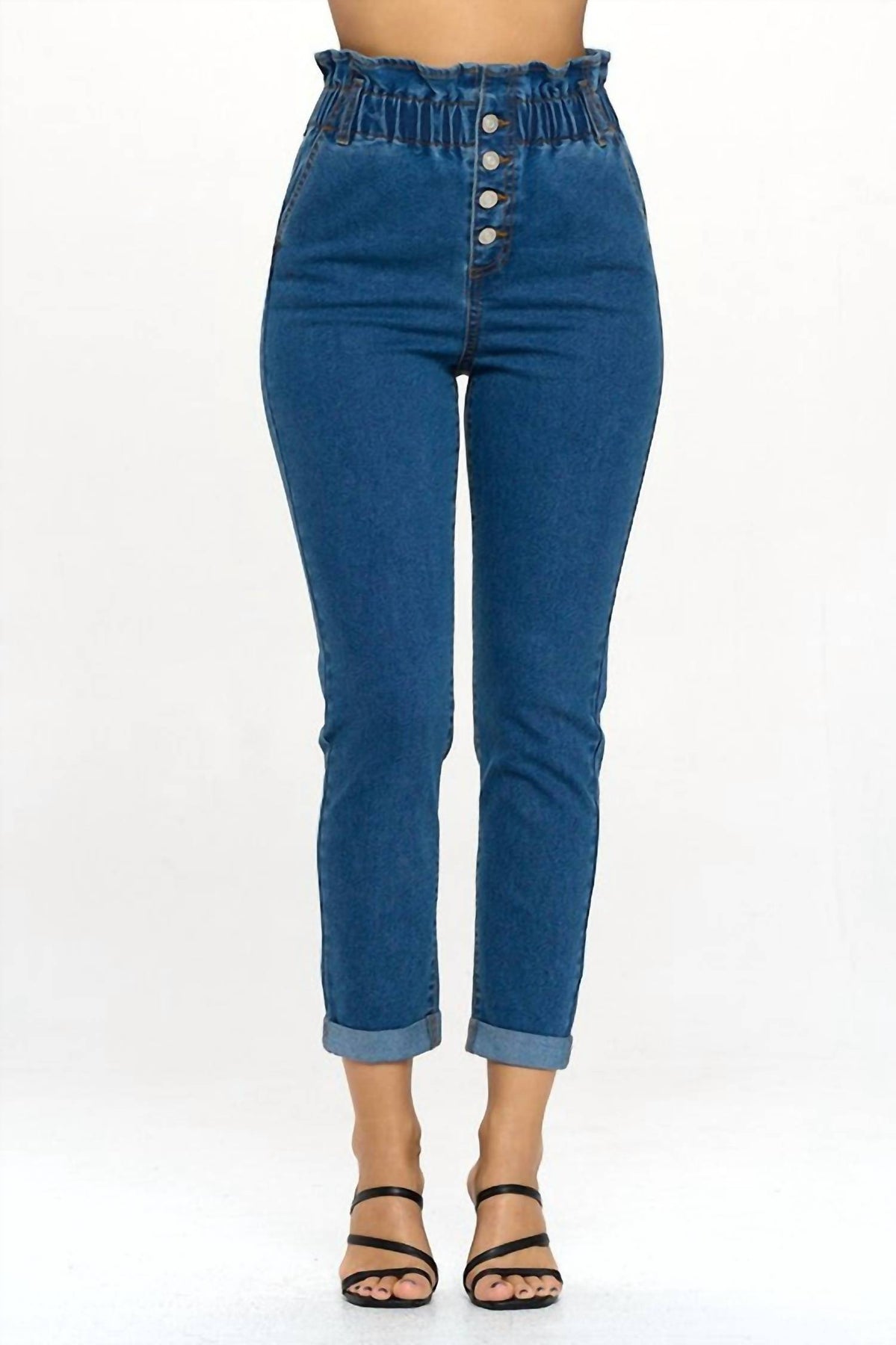 Paperbag Smocked Taille Knopffliege Jeans in Denim