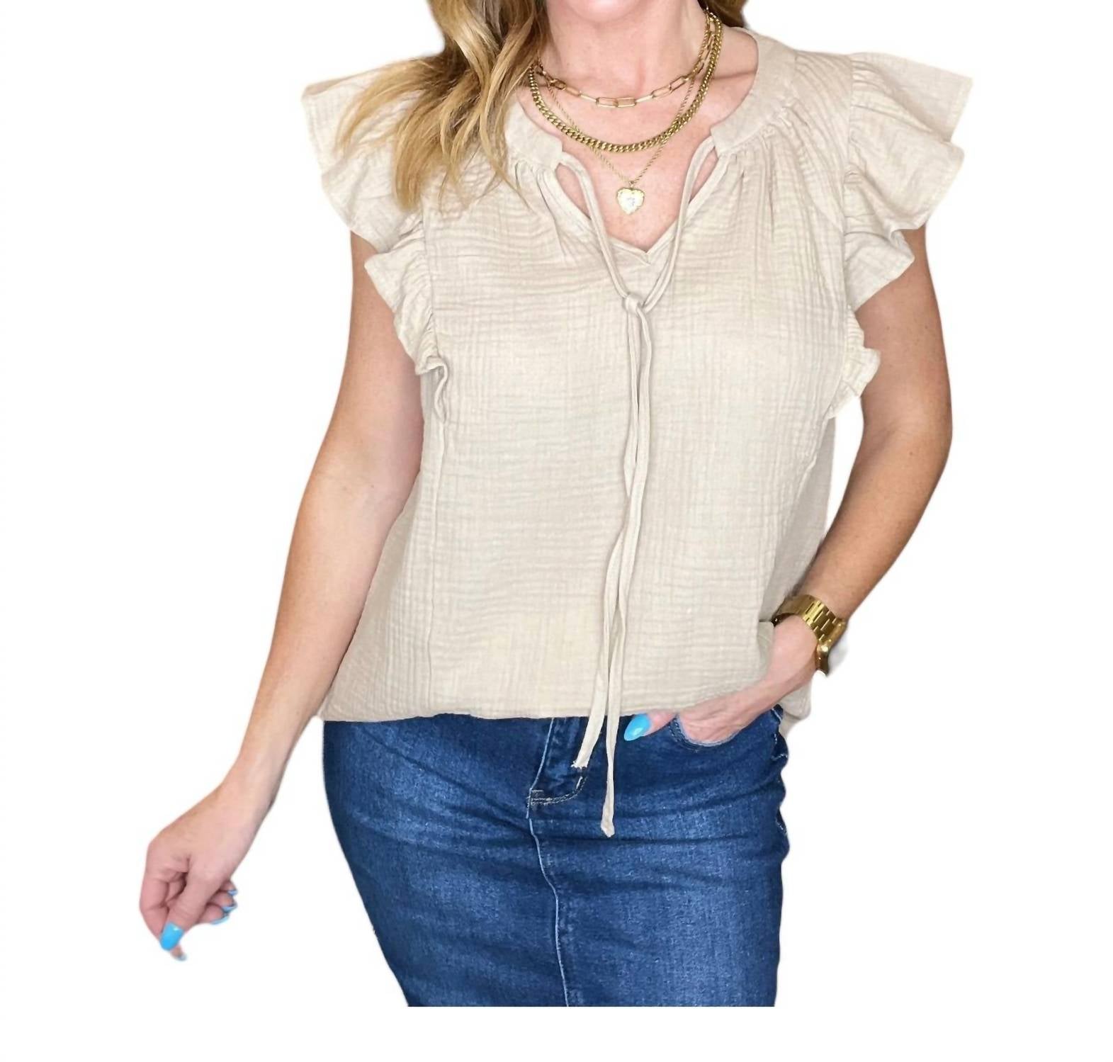 Gauze Schlüsselloch Ausschnitt Bluse in Taupe