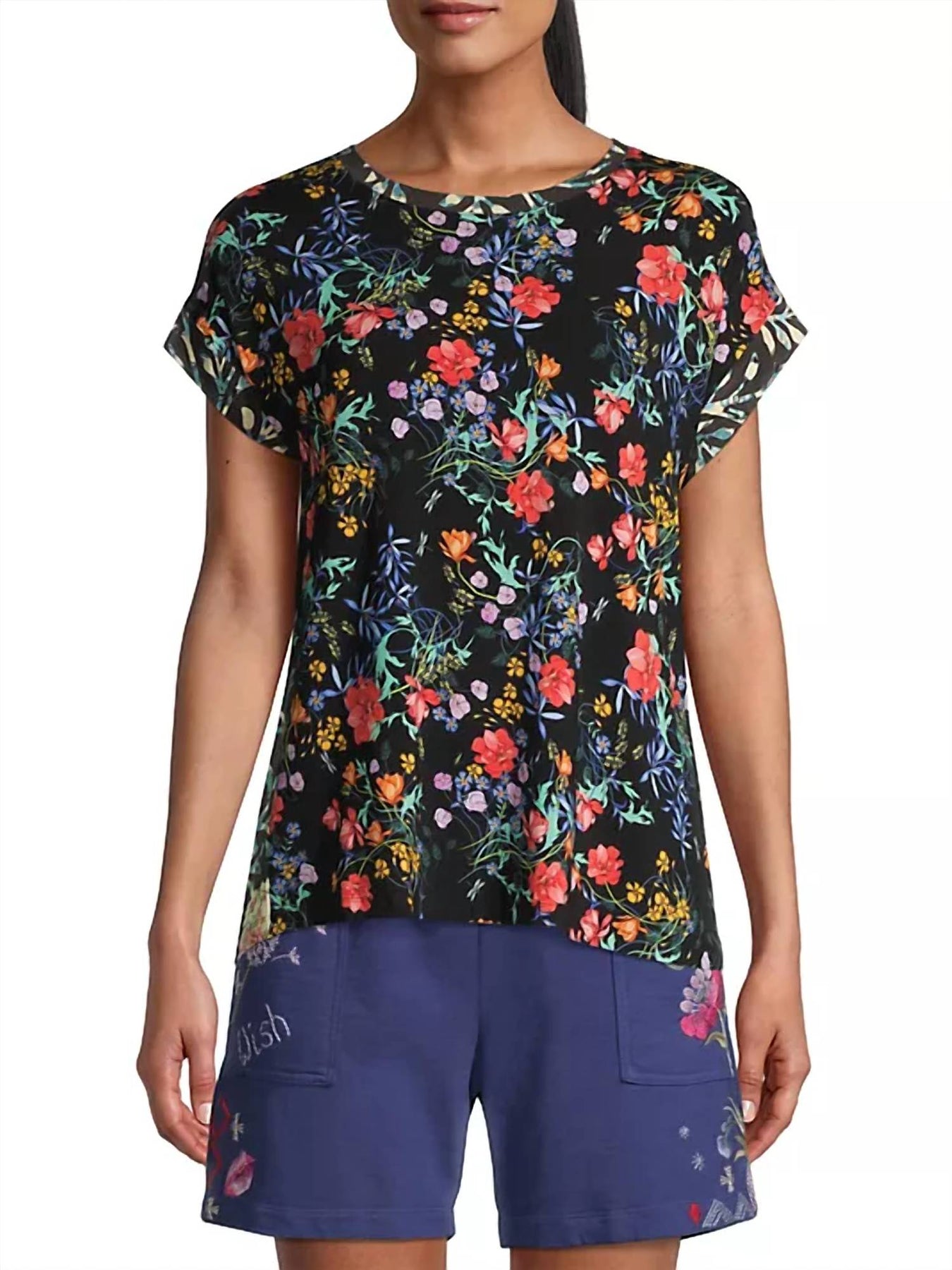 Blumen Kashim Entspanntes T-Shirt in Schwarz