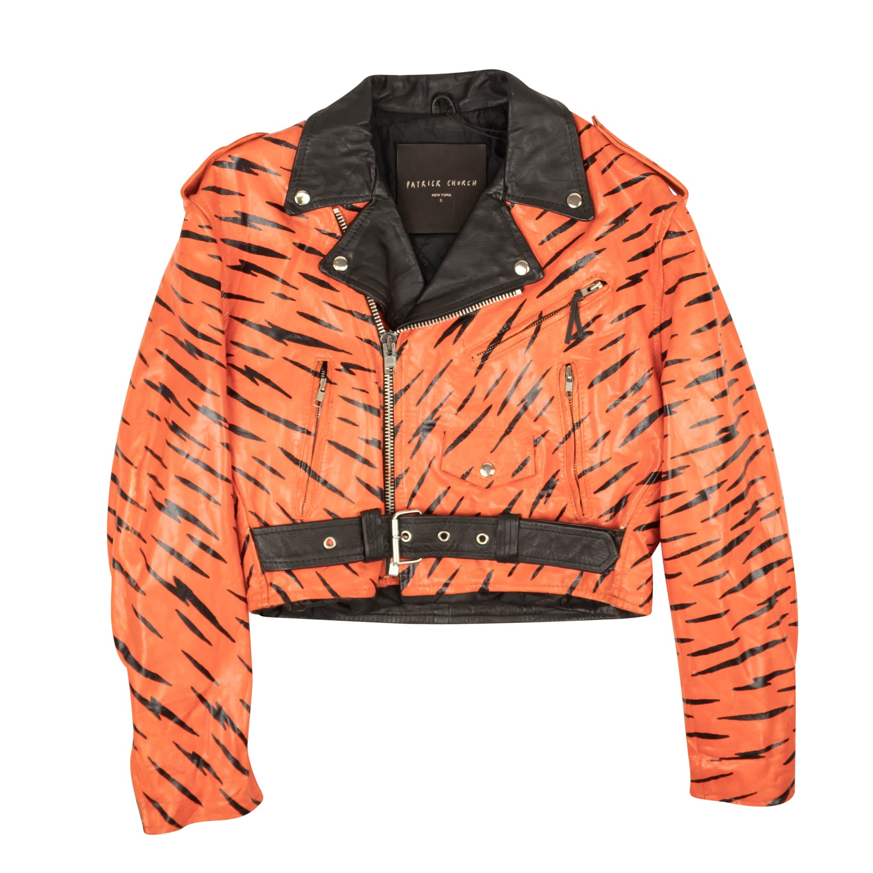 Patrick Church Lederjacke mit Tigerhandbemalung – Orange