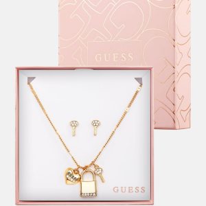 Gold-Ton-Schloss Charm Halskette und Schlüssel Ohrringe Box Set