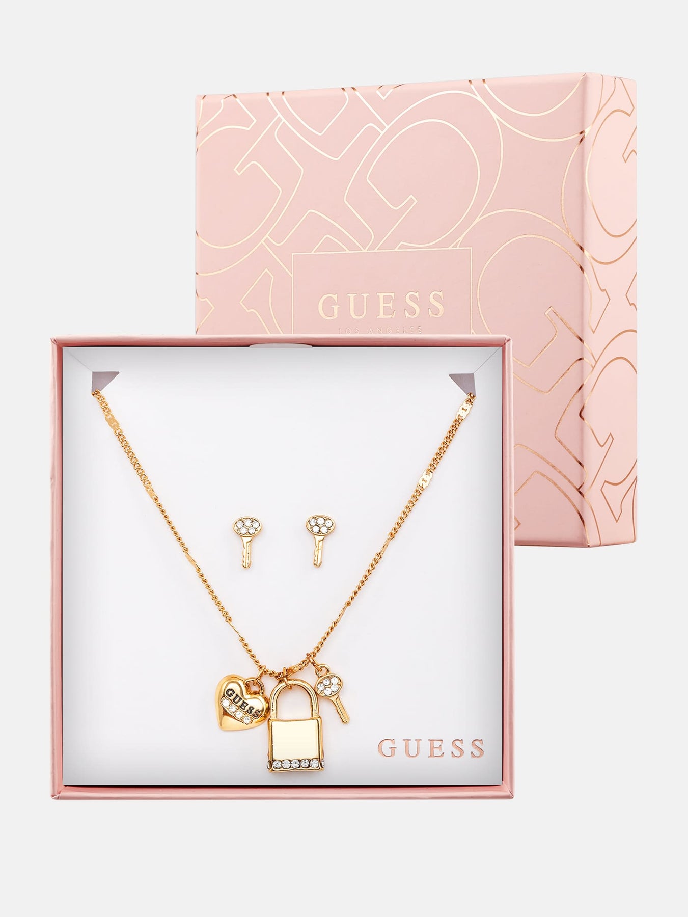 Gold-Ton-Schloss Charm Halskette und Schlüssel Ohrringe Box Set