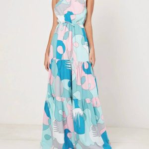 One Shoulder Tiered Maxikleid in Palmenfedern