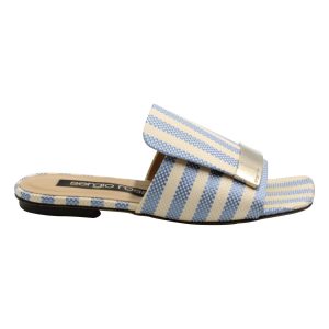 Sergio Rossi gestreifte flache Dias in blauer Leinwand – 7766680076348