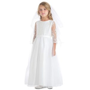große Mädchen weiß bestickte Spitze skallop Kommunion Kleid 7-16