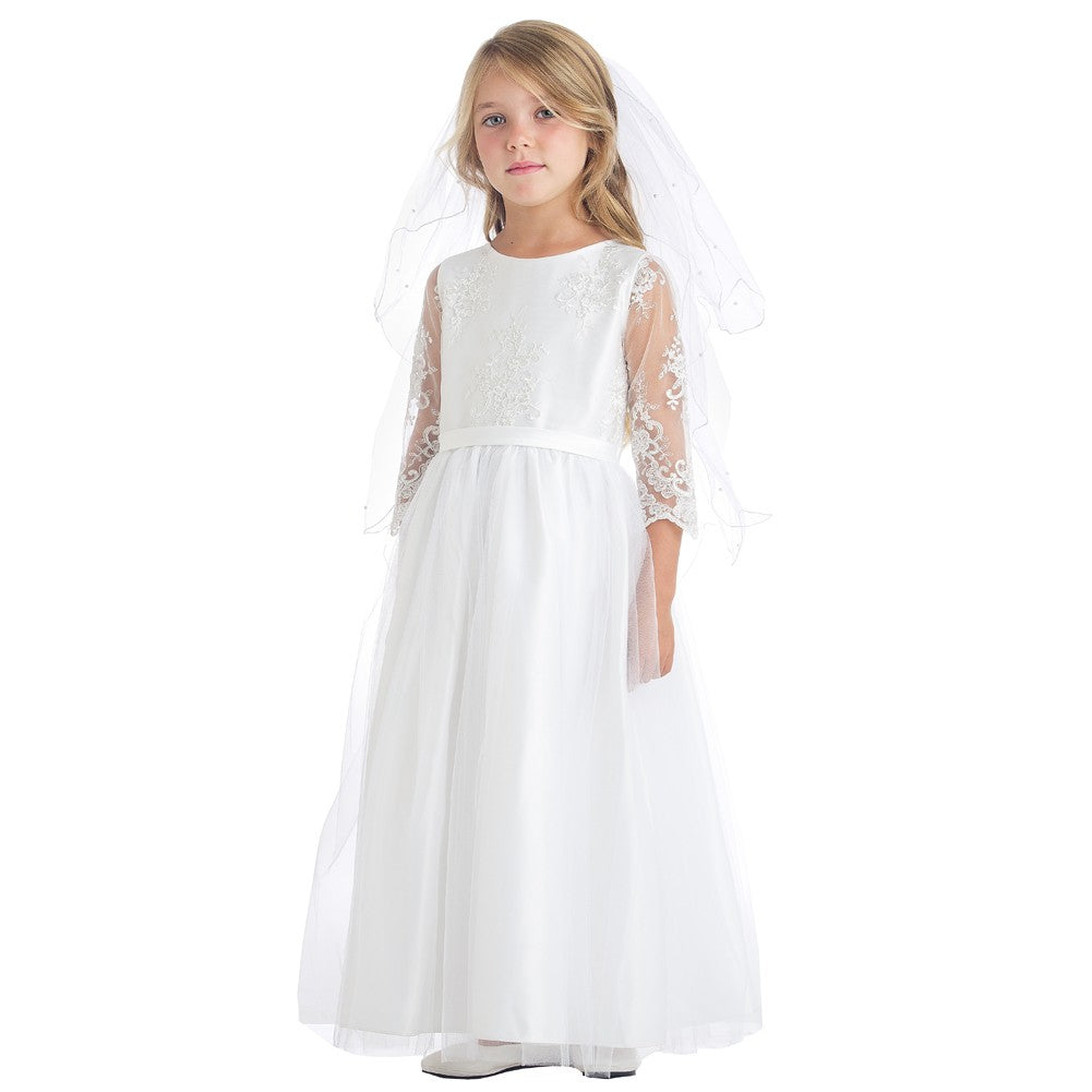 Große Mädchen weiß bestickte Spitze Scallop Communion Kleid 7-16