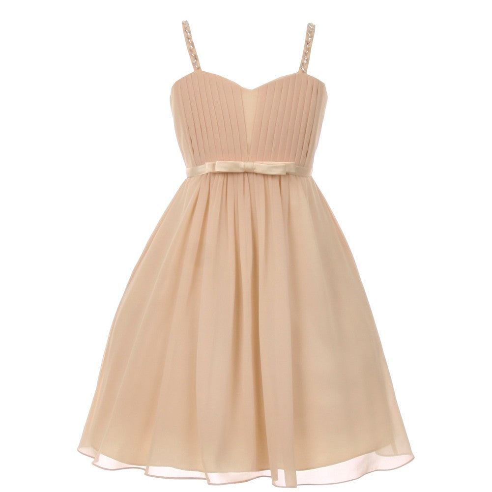 Große Mädchen Champagne Pailletten Bead Chiffon Blumenmädchen Kleid 8-16