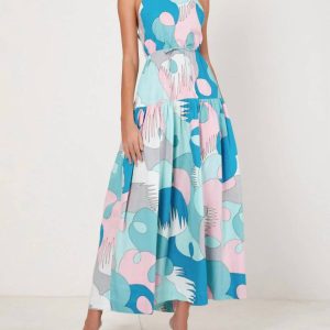 Highneck Cross Back Midikleid in Palmenfedern
