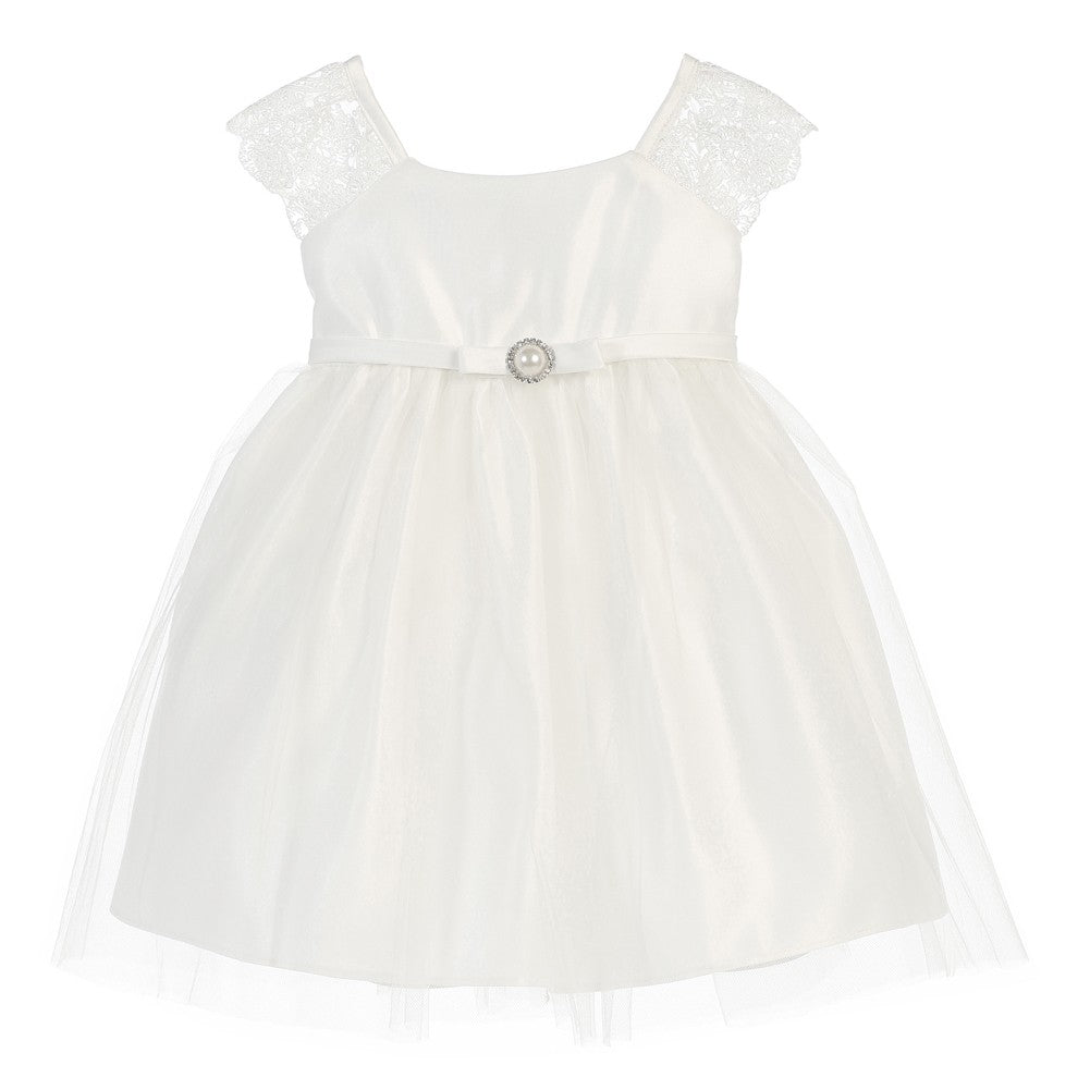 Baby Mädchen Weiß Satin Spitze Perlen Brosche Blumenmädchen Kleid 6-24M