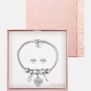 Silber-Ton Charm Armband und Herz Ohrringe Box Set