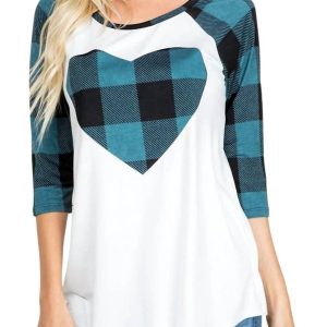 Plaid Herz Raglan Tee in Teal / weiß 7766649503804