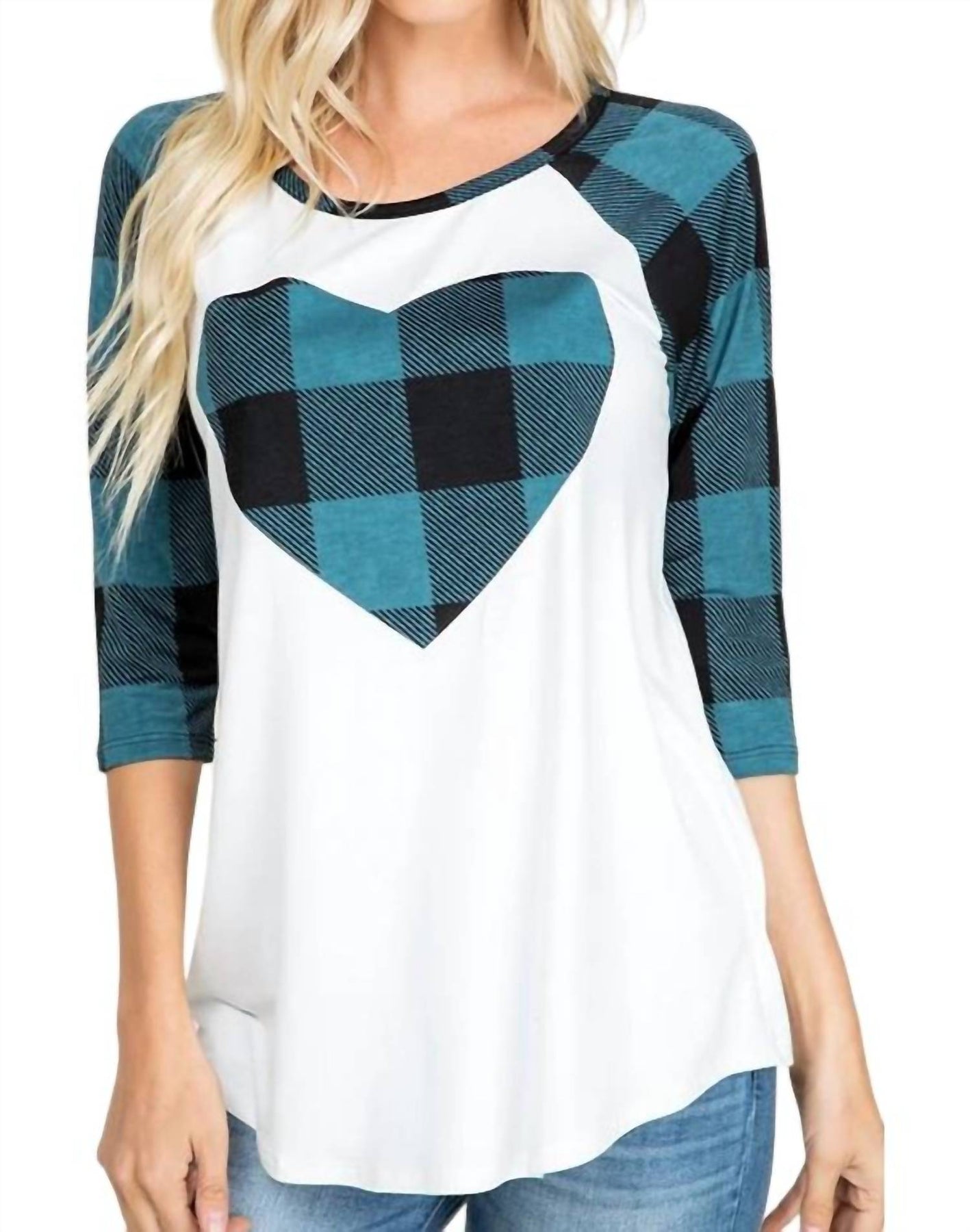 Kariertes Herz Raglan T-Shirt in Petrol/weiß
