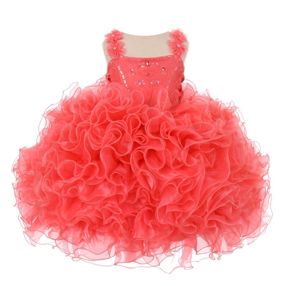 RainKids Kleine Mädchen Koralle Perlen Kaskade Rüschen Organza Festzug Kleid 2-6