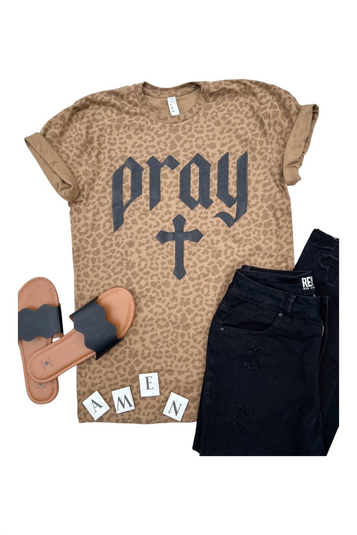 Damen Leopard Pray Tee in Braun