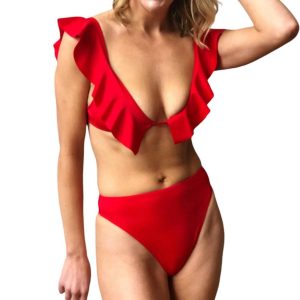 Solid Rüschen Pinafore Bikini Top in Rot