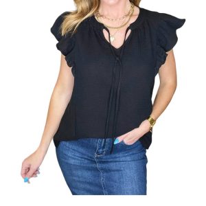 Gauze Keyhole Neckline Blouse in Schwarz 7766677323836