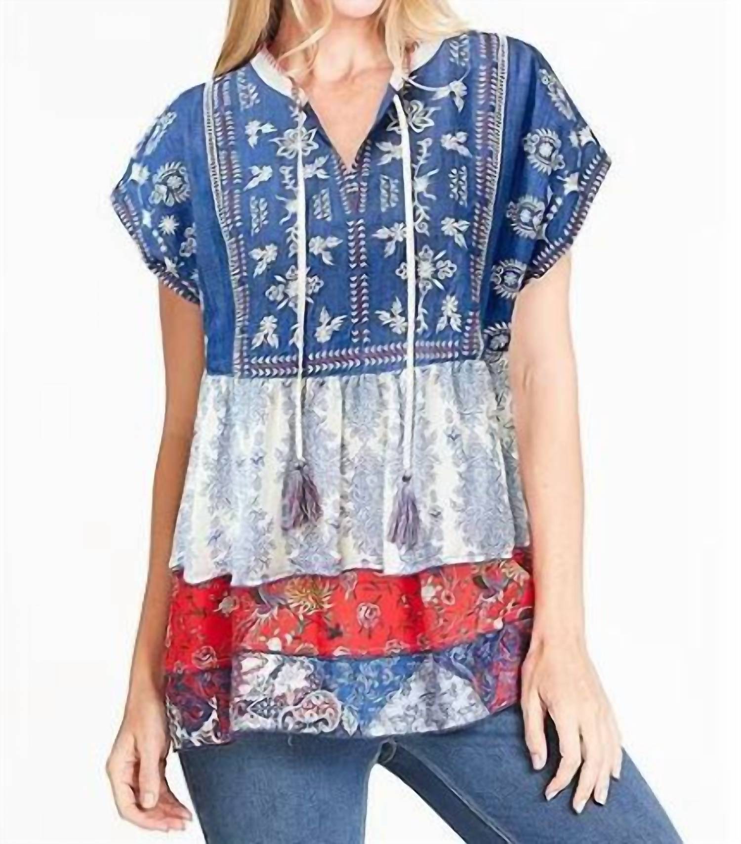 Gestickte Tassle Mixed Muster Top in blau und weiß