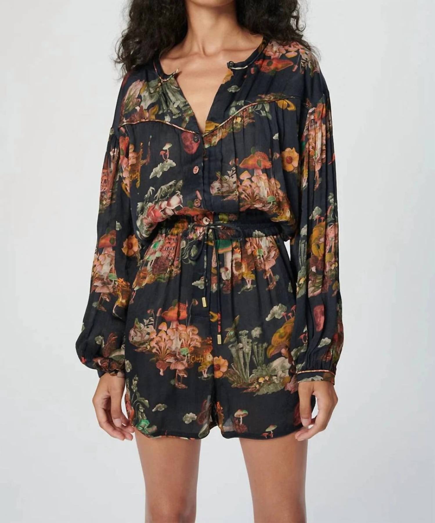Langarm Bamboo Playsuit In Magic Pilz Schwarz